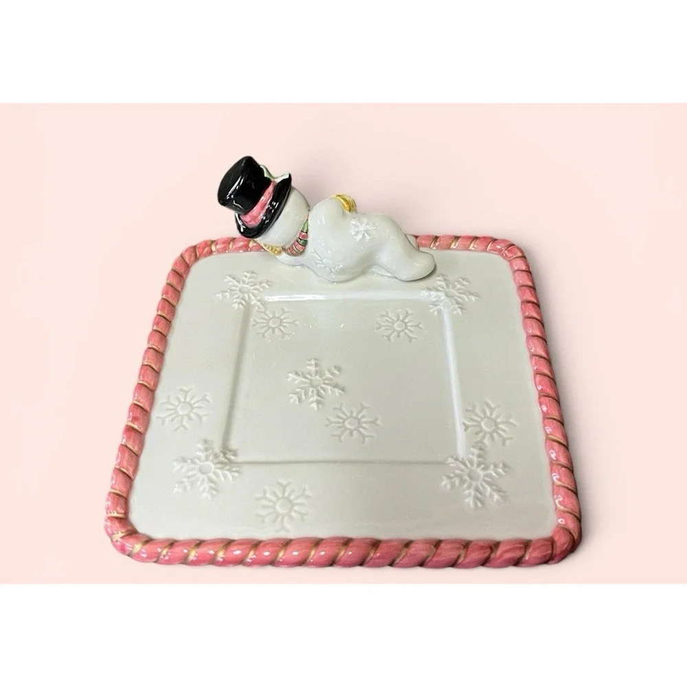 Fitz & Floyd Frosty Folks Snowman Candy Dish Trinket Tray Snowflakes‎ Candy Cane